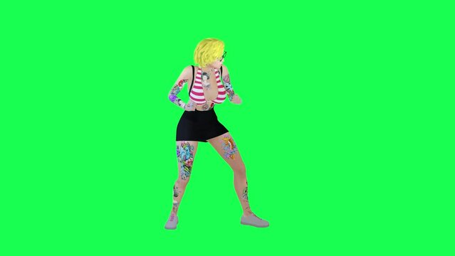 Full Tattooed Blonde Woman Chokes Someone From Behind Isolated Left Angle Green Screen Character Cartoon Cute Chroma Key Animation