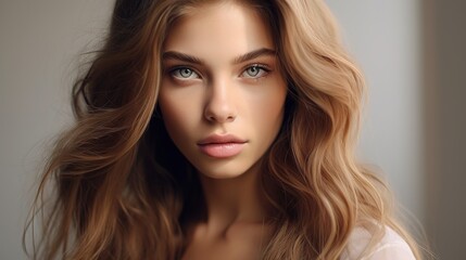 Fototapeta premium Captivating Gaze: Portrait of a Woman with Long Wavy Brown Hair 