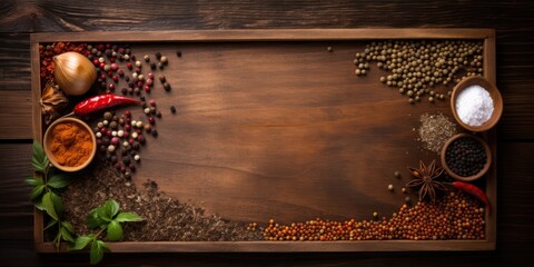 Photorealistic Top-Down View of Empty Wooden Board with Spices and Pulses