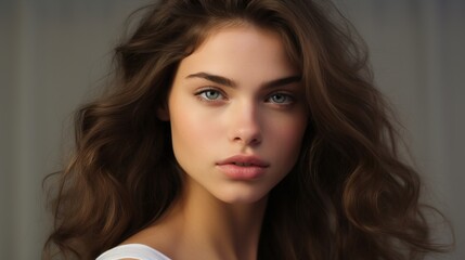 Naklejka premium Smiling woman with long, brunette hair in a natural and fresh studio portrait, showcasing beauty, fashion, and skincare