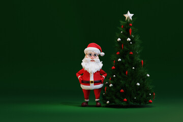 Cute cartoon Santa Claus standing near Christmas fir tree. 3d render