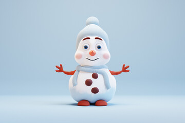 Cute cartoon snowman on blue background. 3d render