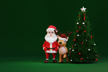 Cute cartoon Santa Claus and Deer standing near Christmas fir tree. 3d render