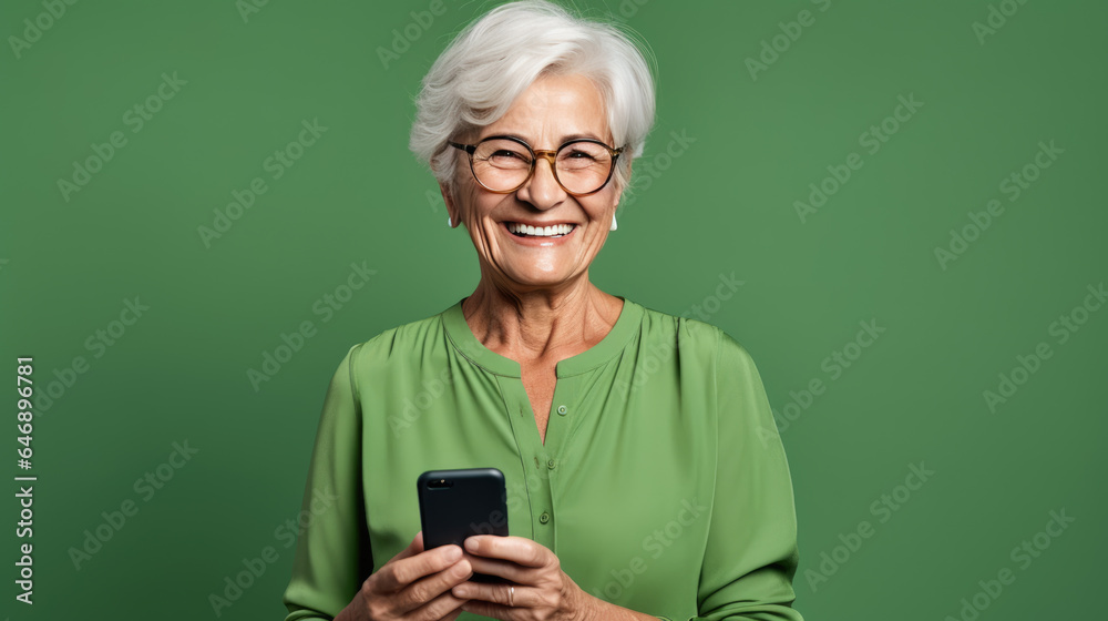 Poster an elderly woman smiling and laughing with her phone against a colored background.