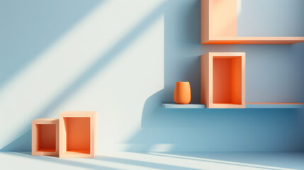 3d geometric shapes on a shelve against a baby blue background, window natural light on the wall, mockup concept
