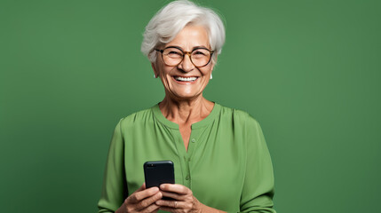 An elderly woman smiling and laughing with her phone against a colored background.