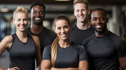 Photo sur Plexiglas Fitness Group of athletic men and women stand together in the background of a gym