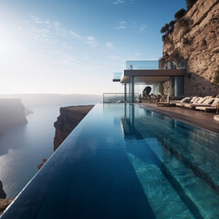 Fondo con detalle de vivienda de estilo moderno, arquitectura simple, con amplia piscina infinita y vistas a mar con acantilados