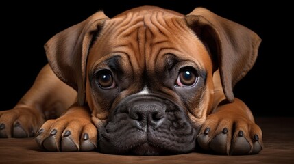 Obraz premium Boxer pup taking a nap, emphasizing the droopy ears and wrinkled face