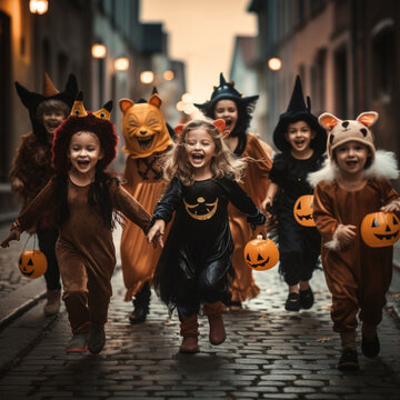Fondo con detalle de varios niños y niñas alegres con disfraces y accesorios de Halloween 