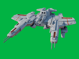 Light Space Ship Gunship with White and Orange Colour Scheme on Green Screen Background - Front View, 3d digitally rendered science fiction illustration