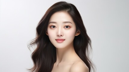 Naklejka premium perfect fresh clean skin. Young Asian woman and skin care concept. Beige background.