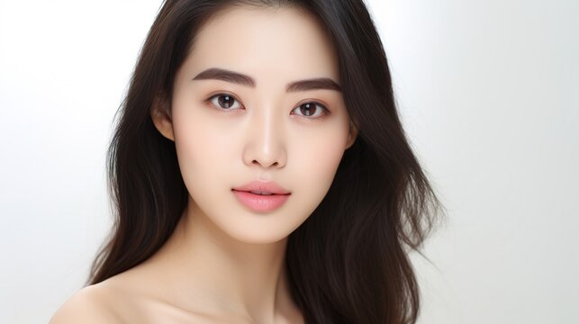 perfect fresh clean skin. Young Asian woman and skin care concept. Beige background.