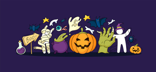 Halloween banner with doodle pumpkin, ghosts, bats