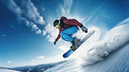 Naklejka na ściany i meble Snowboarder jumping with deep blue sky in background. Winter sport background