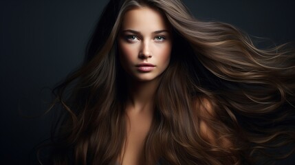 Fototapeta premium Lovely long hair.a beautiful woman with black hair stands out, hair treatment 