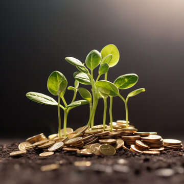 Fondo con detalle de pequeños brotes vegetales creciendo sobre un pequeño monton de monedas doradas