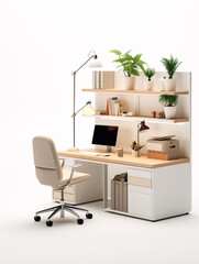An office desk with a chair isolated on white background. Office equipment is arranged neatly on it. Minimalist style.