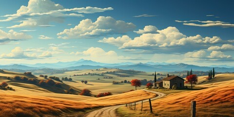 Panoramic Retro-Style Autumn Italian Rural Landscape - Field, Dirt Road, and Cloudy Sky