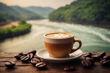 Steamy Morning Refreshment with Aromatic Roasted Coffee and Croissant on a Table