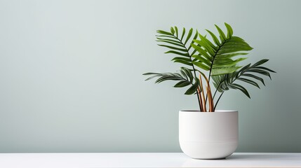 Bohemian style tropical plant in white ceramic pot on a plain background.