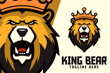 Animal Template: Grizzly Bear Wearing Crown Icon Badge Emblem for Sports and Esports with King Bear Head Mascot Logo.
