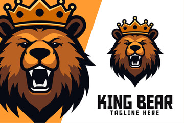 Grizzly Bear with Crown Icon Badge Emblem for Sports and Esports: Animal Template, King Bear Head Mascot Logo.
