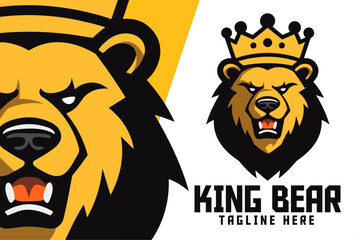 King Bear Head Mascot Logo with Animal Template: Grizzly Bear Wearing Crown Icon Badge Emblem for Sports and Esports.
