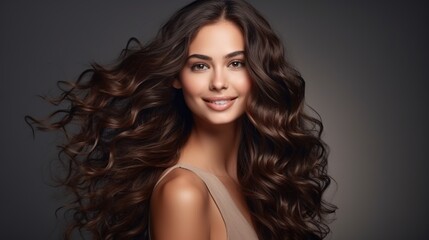 Naklejka premium Captivating image featuring a woman with beautiful, curly hair, showcasing a flawless blend of fashion, glamour, and natural beauty in a studio setting