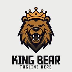 Animal Template with Grizzly Bear Wearing Crown Icon Badge Emblem for Sports and Esports.
