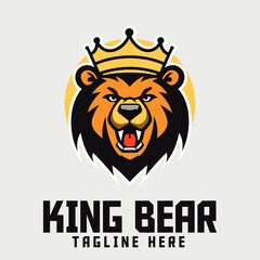 Grizzly Bear with Crown Icon Badge Emblem for Sports and Esports: Animal Template with King Bear Head Mascot Logo.
