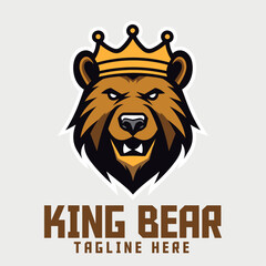 King Bear Head Mascot Logo with Grizzly Bear Wearing Crown Icon Badge Emblem for Sports and Esports: Animal Template.
