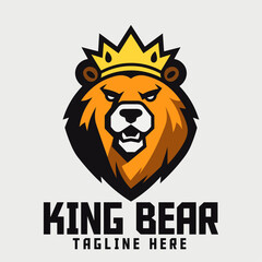 Grizzly Bear with Crown Icon Badge Emblem for Sports and Esports: King Bear Head Mascot Logo.
