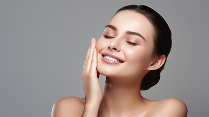 Face care, Facial treatment, Cosmetology, beauty and spa, woman with clean fresh skin on gray background