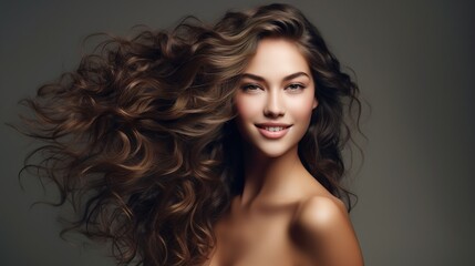 Captivating image featuring a woman with beautiful, curly hair, showcasing a flawless blend of fashion, glamour, and natural beauty in a studio setting