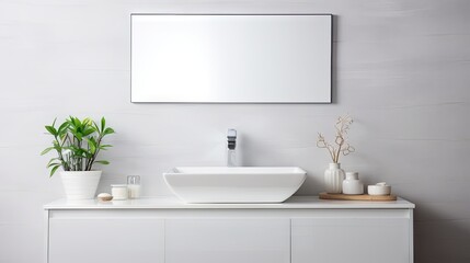 White ceramic wall background with a mirror style sink in the bathroom cabinet.