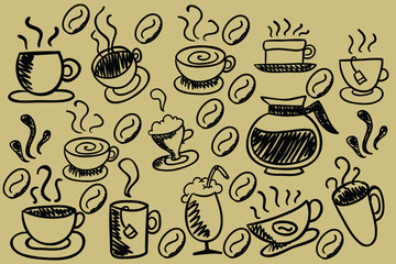 coffee vector illustrations simple minimalistic flat design style. design elements for projects, coffee bean packaging, different coffee preparing tools, trendy boho cafe branding doodles