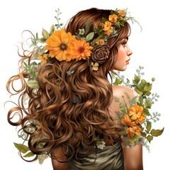 Naklejka premium Beautiful Woman with Beautiful floral Hair in Boho Style Clipart