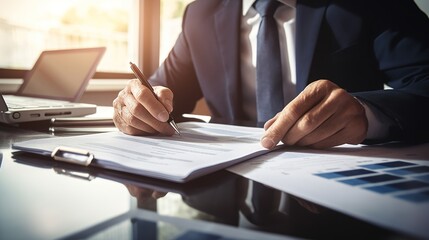 businessman working in office, signing a document