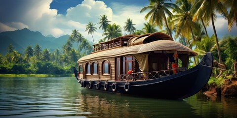 Beautiful Kerala tourist place Boat House in calm lake - obrazy, fototapety, plakaty