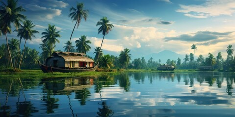 Beautiful Kerala tourist place Boat House in calm lake