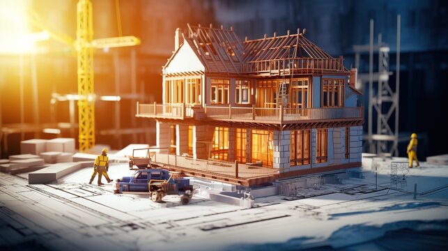 3D house with blueprints and an architect working on a project