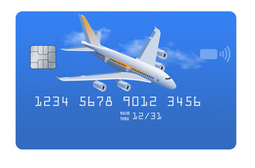 A air travel rewards credit card with an airliner in the design is seen in a 3-d illustration isolated on a white background.