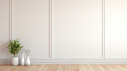 Illustration mock up of a contemporary minimalistic interior with white walls, wooden flooring, and...