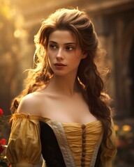 A gorgeous Princess in beautiful yellow dress standing in her palace