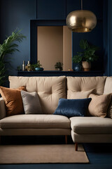 Beige corner sofa in room with dark blue walls. Interior design of modern living room. Image created using artificial intelligence.