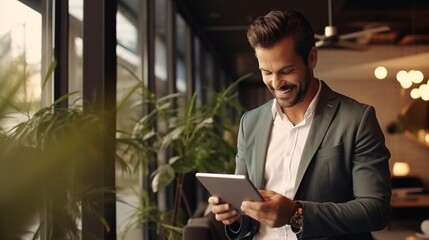 businessman working on tablets in cafe
