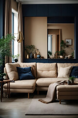 Beige corner sofa in room with dark blue walls. Interior design of modern living room. Image created using artificial intelligence.