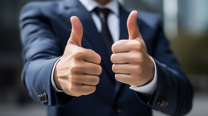 Businessman showing thumbs up gesture, closeup. Success and achievement concept