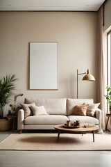 Scandinavian interior design of modern bedroom with big art poster frame. Image created using artificial intelligence.